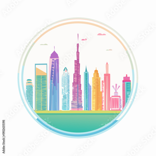 Colorful cityscape illustration with modern skyscrapers and vibrant hues.