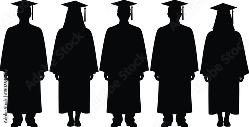 Silhouette group of graduates in caps and gowns celebrating academic success, education achievement, university ceremony, graduation event, future opportunities