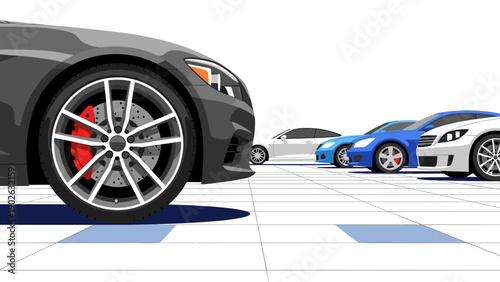 Modern sports cars in perspective parking lot scene