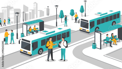 Modern urban public transport scene with buses in a city setting