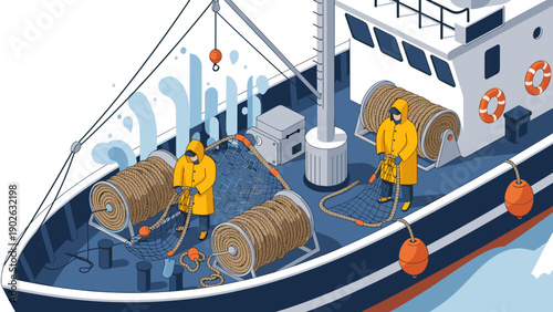 Fishing trawler with crew and nets in detailed isometric design