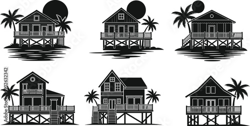 Tropical stilt houses silhouettes with palm trees, coastal architecture design inspiration, sunset background, traditional elevated homes, artistic illustration