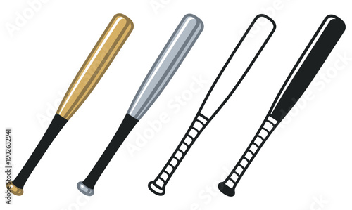 Various classic wood and metal baseball softball bat set of 4, sports gear, baseball bats, softball equipment, wooden and metal, transparent background