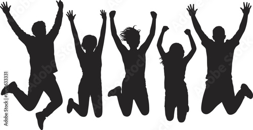 Happy people jumping silhouette vector illustration, group celebration teamwork concept, friends enjoying success, freedom joy energy, isolated black figures, design