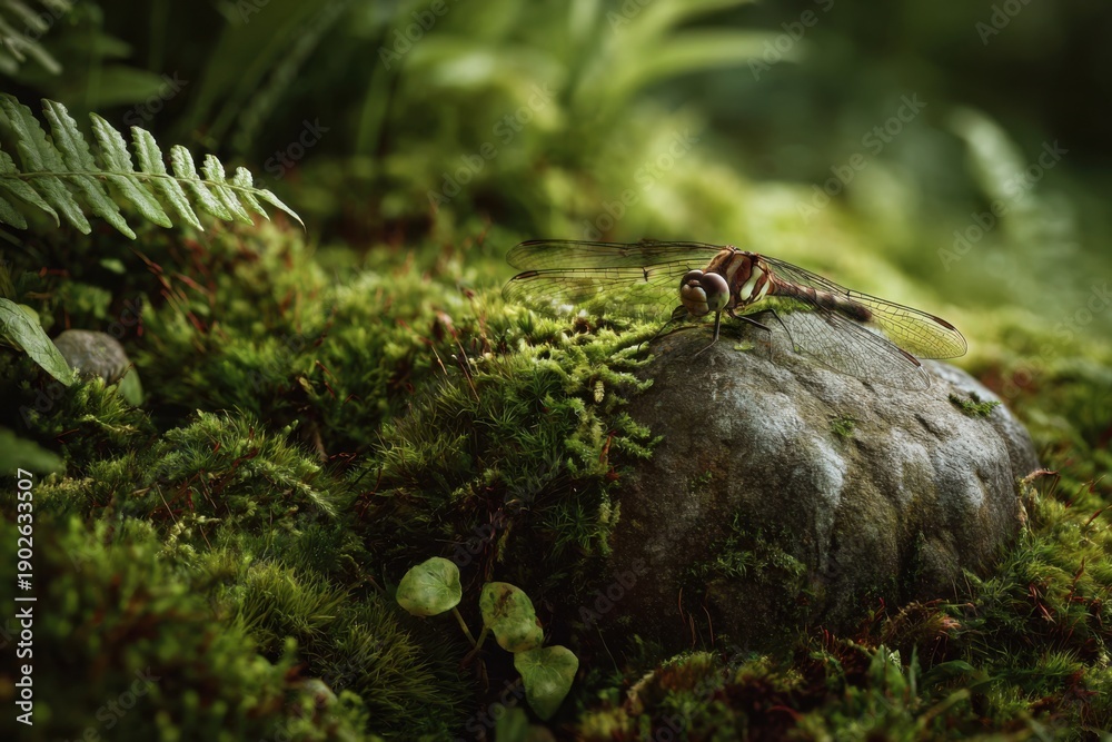 Fototapeta premium Dragonfly resting on mossy rock in forest
