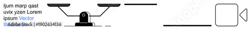 Legal balance, camera equipment, visual media, measurement, law, technology. Black balance scale, rectangular camera symbol and horizontal lines in minimalist style. Legal balance and camera