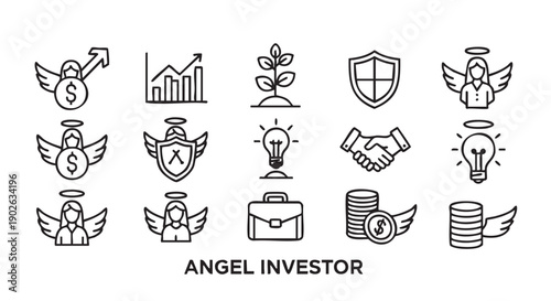 Collection of angel investor related icons isolated on transparent background