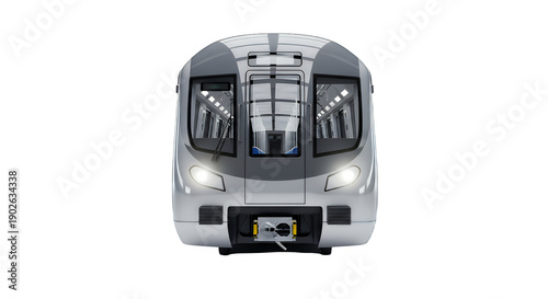 Modern silver train with headlights on, isolated on transparent background, viewed from the front, showcasing sleek design and advanced technology