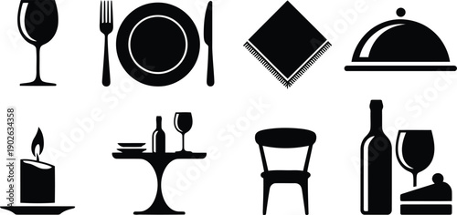 Collection of elegant black silhouette icons representing various dining and restaurant elements on a clean white background