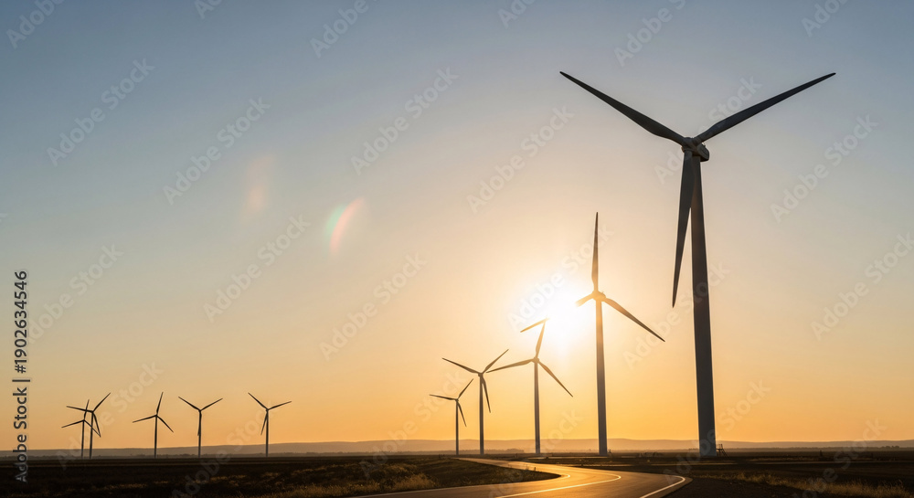 Fototapeta premium Wind turbines silhouette against a golden sunset and clear sky background