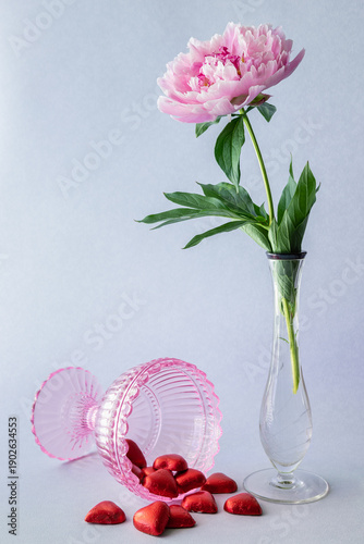 Φωτογραφία Valentine's Day pink peony flower in a narrow glass vase and heart-shaped chocolates wrapped in red cover