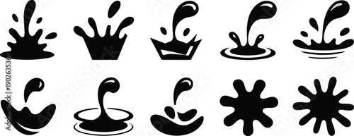Collection of various black liquid splash shapes and falling drops on a clean white surface
