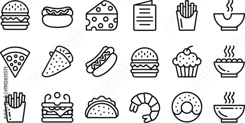 Black‑and‑white food icon set featuring hamburgers, hot dogs, tacos, pizza, fries, donuts, cupcakes, cheese, shrimp, and steaming bowls for menus, apps, and design projects