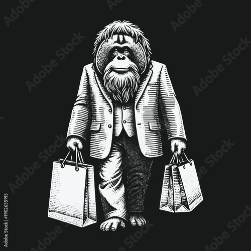 Orangutan in Suit: A Shopping Spree Illustration in Black and White.