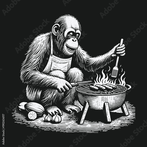 Chimpanzee Chef: A Whimsical BBQ Illustration in Black and White.