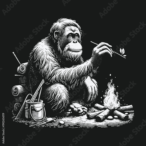 Orangutans Campfire Art: A Detailed Black and White Illustration.