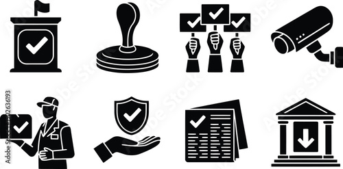 Compilation of various black silhouette icons illustrating concepts of approval, security, and certified official services