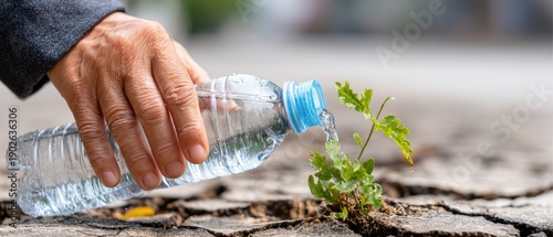 Close-up of a woman watering a small green plant with a water bottle on dry cracked ground to highlight the importance of conserving water for World Water Day