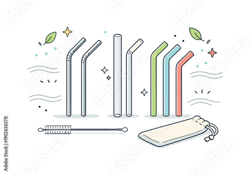 Reusable straws. Neatly arranged reusable straws made of metal, glass, and silicone placed on a clean surface. Calm eco-friendly mood and