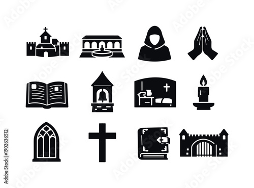 Christian Monasteries History. Solid icon set of Christian Monasteries History: stone monastery, cloister courtyard, monk silhouette, prayer
