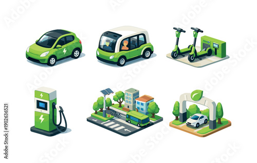 Green urban transport. Isometric flat vector icons set of green urban transport: eco electric car, zero emission city ride, electric scooter