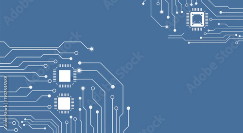 blue circuit board with electronic components.
