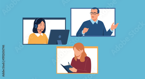 online meeting three participants cartoon.