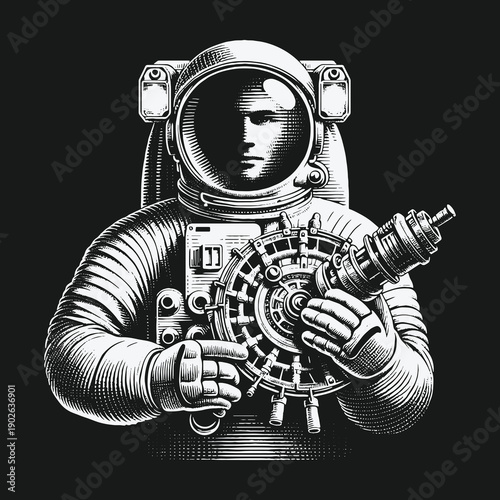 Astronaut Holding Complex Device in Space Suit - Detailed Engraving.