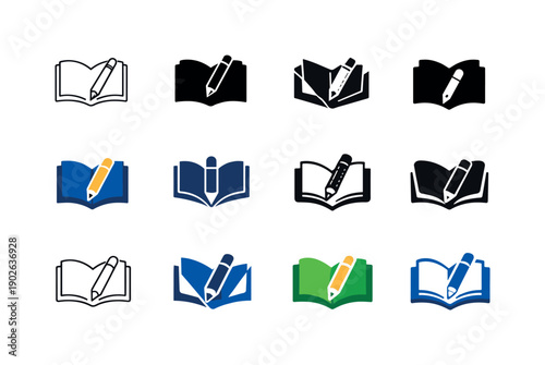 Study Icons Collection. Studying for a test. Icon set. Set Logo of Studying for a test: open book with pencil. harmonious logo variations of the same