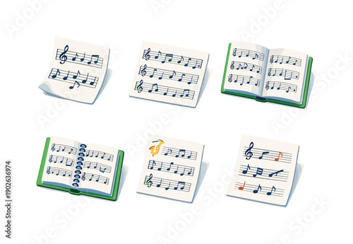 Isometric Music Icons. Printed Music. Isometric flat vector icons set of Printed Music: inked sheet music, staff lines with notes, pair of music pages, bound