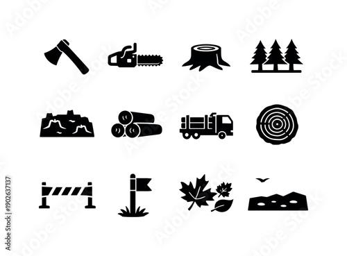 Forest Clear Cutting. Solid icon set of Forest Clear Cutting: axe, chainsaw, tree stump, forest line, cleared plot, log stack, timber truck,