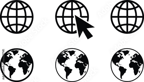 Different versions of a globe icon symbolizing global connectivity and web browsing with a mouse cursor