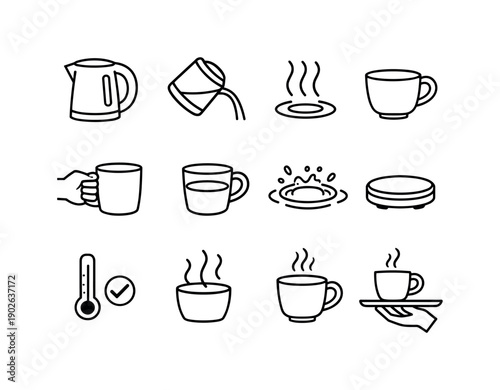 Hot Beverage Preparation. Line icon set of Hot Beverage Preparation: hot kettle, liquid pour, heat waves, ceramic cup, handle grip, beverage