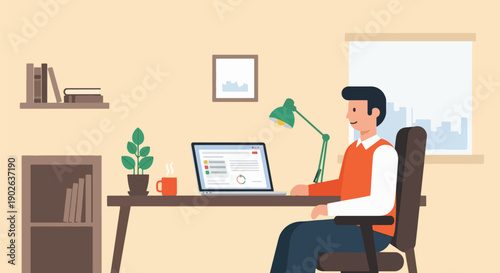 Man working remotely on laptop at home office.