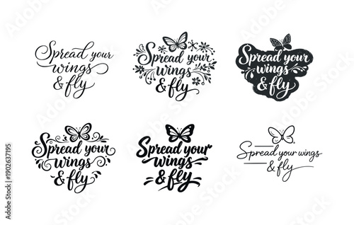 Soft butterfly affirmation. Set lettering. harmonious lettering variations of the same emblematic concept, each with different artistic