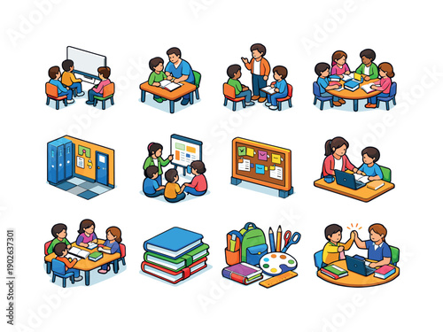 After school club. Colorful isometric vector icons set of after school club: classroom meetup, homework help, club advisor, study group,