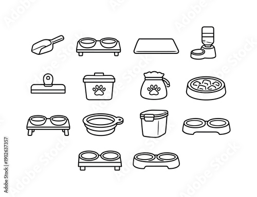 Pet Feeding Icon Set. Pet Feeding Accessories. Line icon set of Pet Feeding Accessories: food scoop, pet bowl stand, food mat, water dispenser, food bag clip,