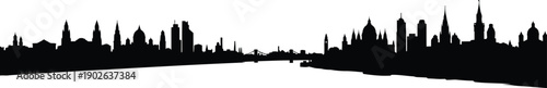 Black silhouette of a city skyline with many buildings and a bridge over water