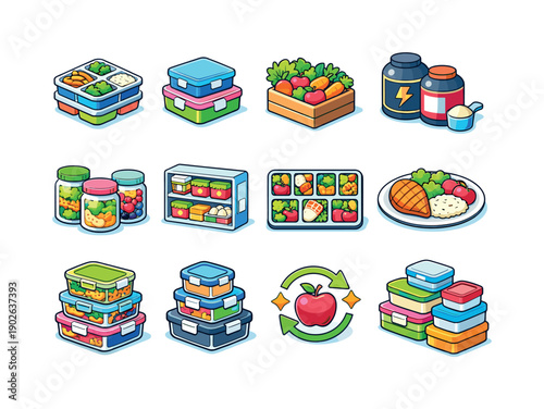 Colorful Meal Prep Icons. Meal prep storage. Colorful isometric vector icons set of meal prep storage: meal prep containers, portioned meals, stacked lunch