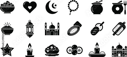 Ramadan kareem silhouette icons set for fasting and prayer