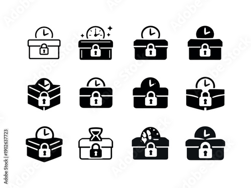 Making a family time capsule to open in the future. Icon set. Set Logo of Making a family time capsule to open in the future: memory box with