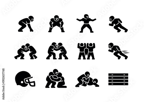 American Football Defense. Solid icon set of American Football Defense: defensive lineman, linebacker stance, safety coverage, blitz rush,