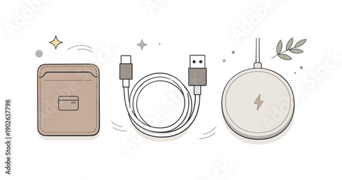 Minimal Tech Aesthetics. Minimal neutral phone gear. Aesthetic tech accessories like a magnetic phone wallet, USB-C cable, and wireless pad shown in stone and