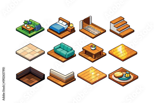 Interior Flooring. Colorful isometric vector icons set of Interior Flooring: living room floor, bedroom wood floor, hallway planks, staircase