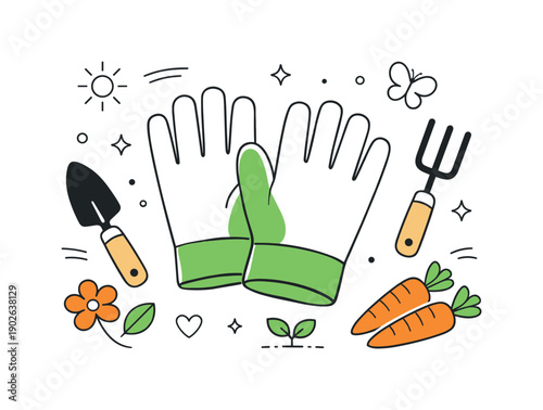 Garden gloves flat lay in modern still-life style. Clean silhouettes and smooth curves focus on usability and comfort. The feeling is fresh,
