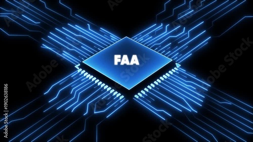 F A Microchip Circuit Board Technology Background with Glowing Blue Lines and Microprocessor computer chip