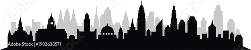 City skyline silhouette with various buildings and skyscrapers in gray and black hues on transparent  background
