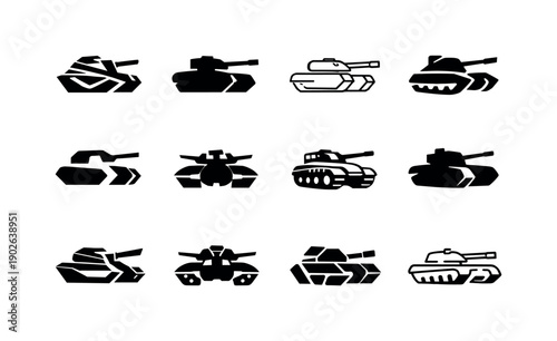 Tank. Icon set. Set Logo of tank: modern armored tank silhouette. harmonious logo variations of the same emblematic concept, each with