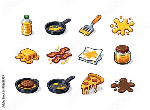 Oily Ingredients. Colorful isometric vector icons set of Oily Ingredients: cooking oil bottle, frying pan with grease, greasy spatula, oil