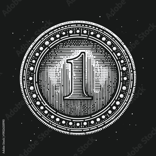 Engraved Coin Illustration: Detailed Number One Design.